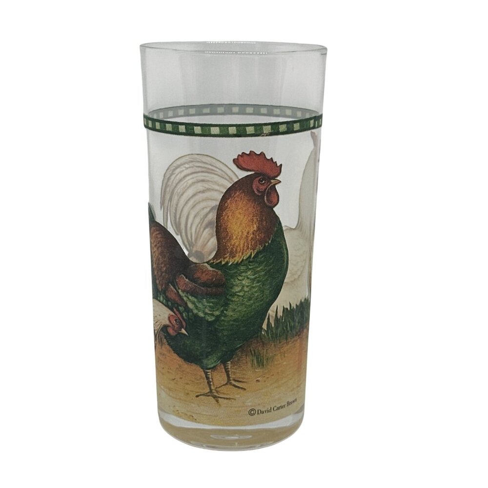 VTG David Carter Brown “On The Farm”‎ Rooster Glass | Green Check Tumbler 6.25"